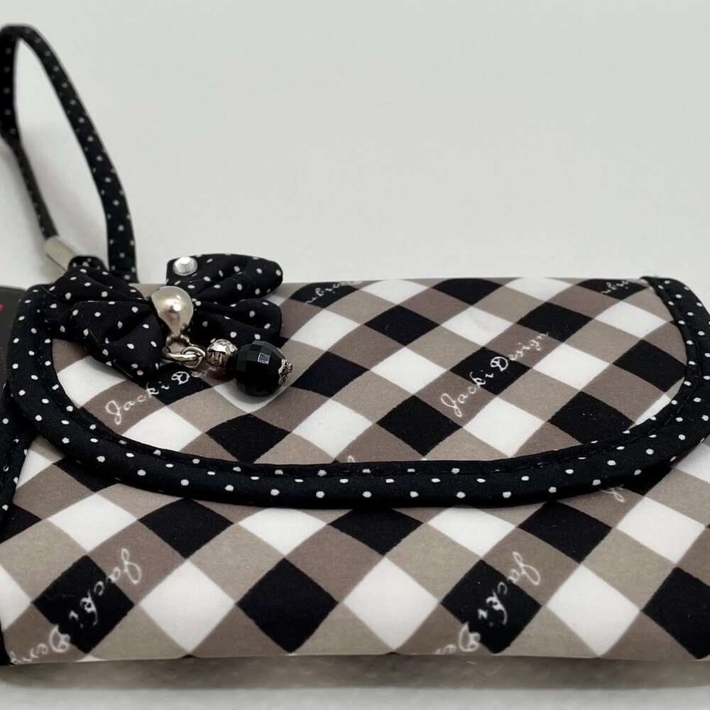 NWT JACKI DESIGN WRISTLET FLAPTOP WALLET COIN MAKEUP BLACK/WHITE BOW W/BEADS - Picture 2 of 11